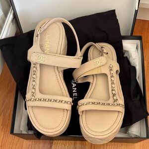 CHANEL Nude Sandals with Chain Accent